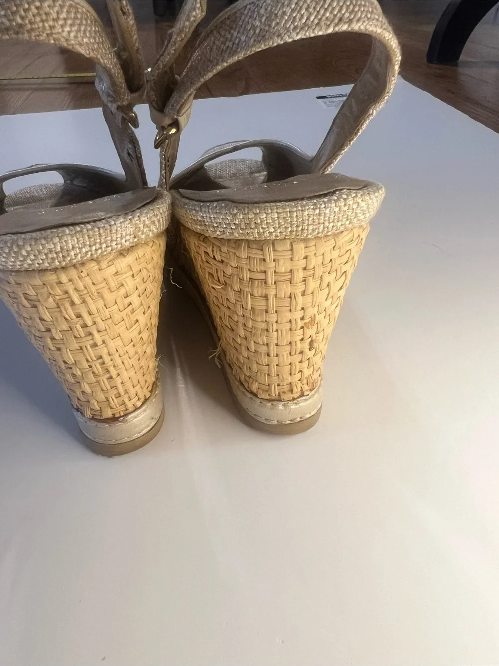 Stuart Weitzman Metallic Gold Peep-Toe Wedge Slingbacks - Picture 13 of 16